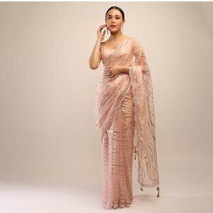 Powder Peach Saree In Organza With Foil Printed Scattered Dots